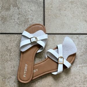 Tory Burch White Slide Sandals with Gold Buckle